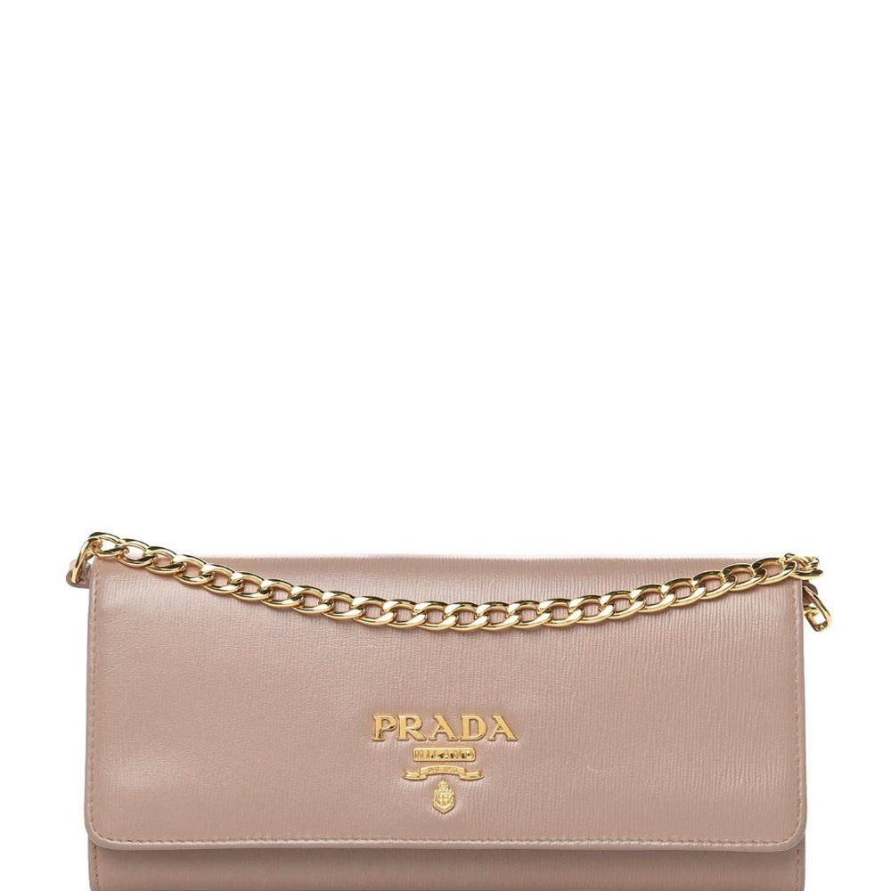 Authentic Beige Leather Clutch with Gold Chain